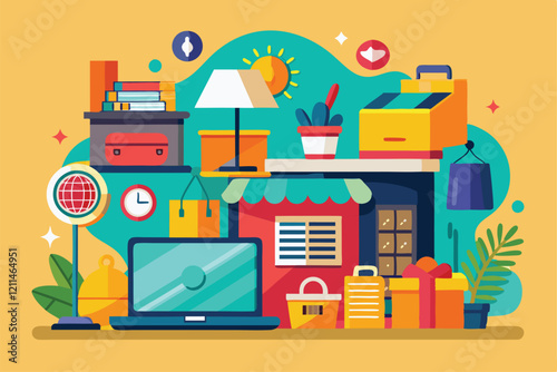 A vibrant online garage sale display showcases various items ready for sale Garage sale online concept,