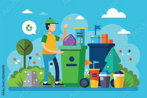 A person sorts waste into colorful bins while engaging with recycling tools and nature Garbage management Customizable Flat Illustration