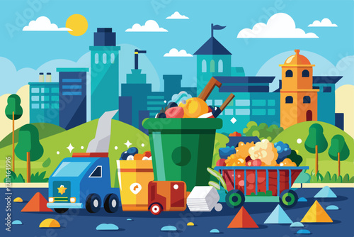 A bustling urban area showcases a vibrant waste management setup with colorful bins and collection vehicles Garbage management Customizable Disproportionate Illustration