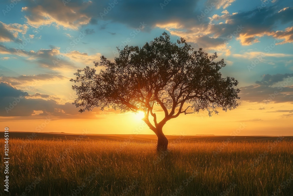 Solitary tree sunset field landscape, golden hour tranquility, nature background, website banner. Solitary tree sunset field landscape, golden hour tranquility, nature background, website banner.