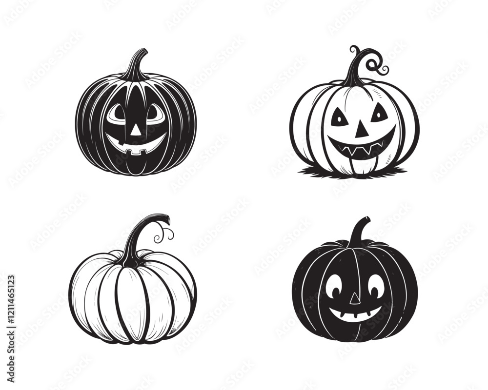 Set of Four Black and White Halloween Pumpkins with Carved Faces, Perfect for Halloween Decorations, Invitations, and Seasonal Designs, Featuring Unique Expressions and Artistic Details Set of Four Black and White Halloween Pumpkins with Carved Faces, Perfect for Halloween Decorations, Invitations, and Seasonal Designs, Featuring Unique Expressions and Artistic Details