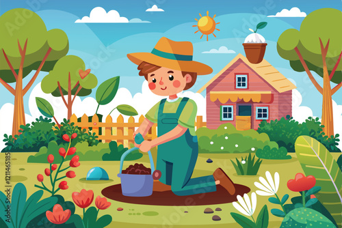 A young gardener kneels, planting flowers in bright sunlight with a cozy home in the background Gardening Customizable Cartoon Illustration