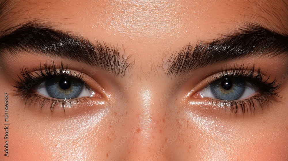 Obraz premium Close-Up of Female Face Featuring Striking Blue Eyes and Eyebrows