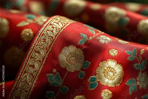 Red Fabric with Gold and Green Floral Embroidery photo