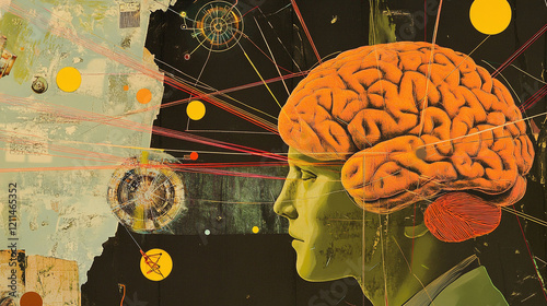 Futuristic collage featuring a human brain connected to a glowing AI network of nodes and lines.