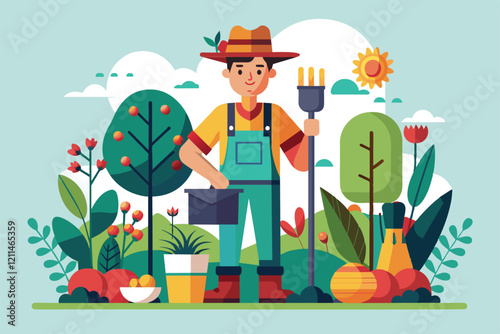 A gardener in overalls proudly holds a rake, surrounded by lush greenery and colorful flowers Gardening Customizable Disproportionate Illustration