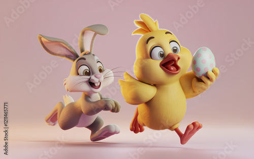 An easter rabbit runs behind a chick holding an egg, on a pink background with copy space