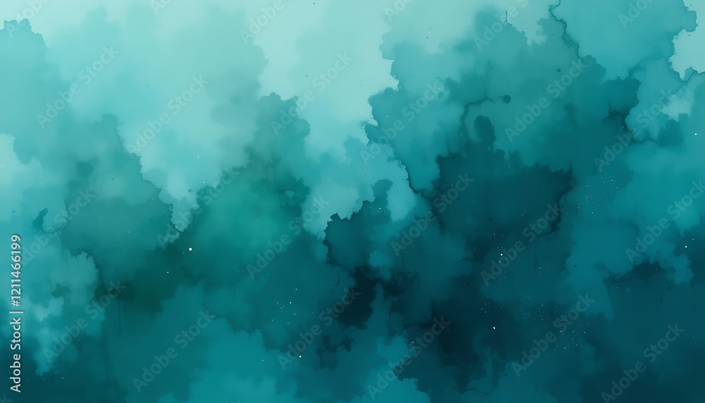 Abstract Teal Watercolor Background, Swirling Ocean Deep Sea Texture, Artistic Paint Splashes, Ethereal Cloudscape, Fluid Art Design, Digital Painting, Teal Green Gradient