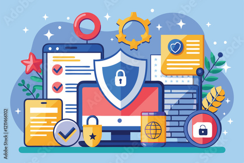 A creative representation of GDPR compliance showcasing digital security symbols and elements Gdpr Customizable Semi Flat Illustration