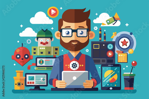 A convention attendee interacts with technology and creative gadgets, showcasing a fun and engaging environment Geek convention Customizable Flat Illustration