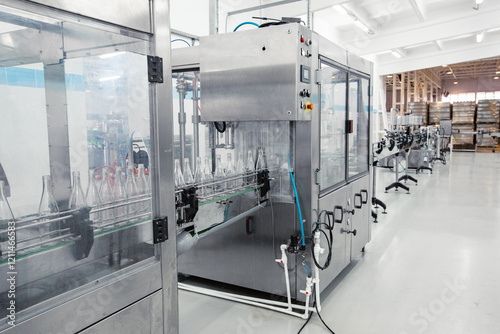 Advanced bottling machine operates in a modern beverage manufacturing facility during daylight hours