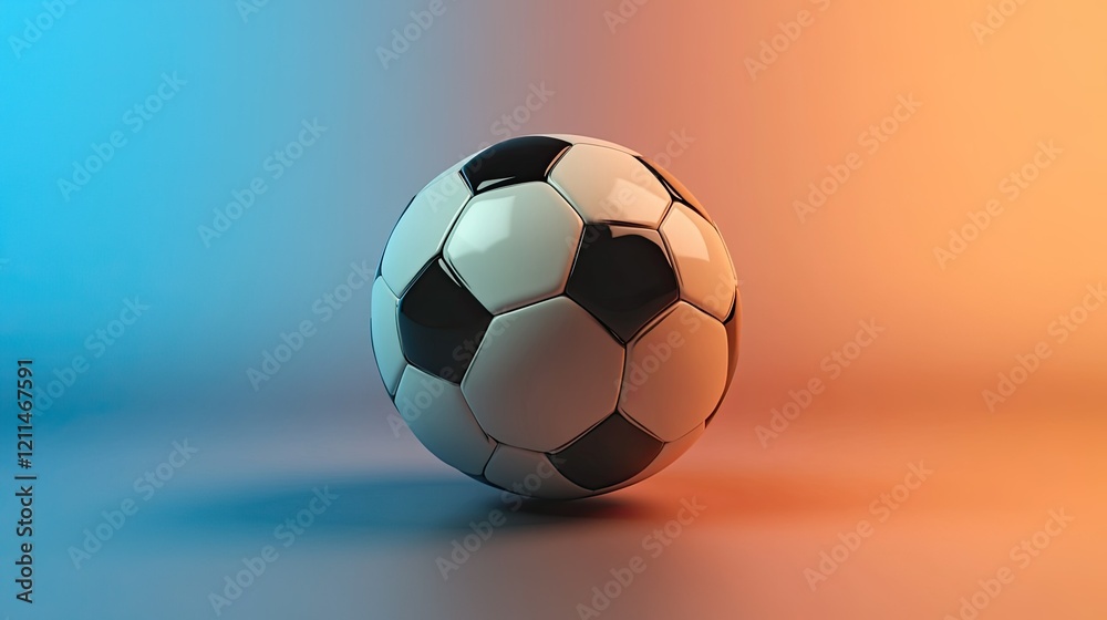 Fototapeta premium A 3D render of a black and white soccer ball centered on a gradient background fading from blue to orange.