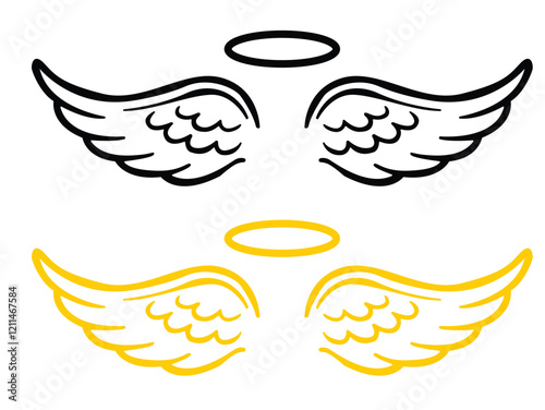 Angel wings with halo, Heaven. Angel feather wings, silhouette, Vector illustration.