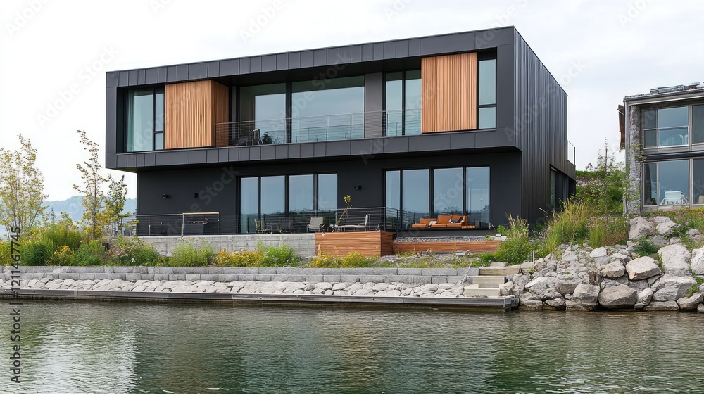 Fototapeta premium A modern riverside house built with eco-friendly materials and energy-efficient features.