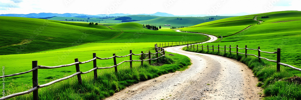 Scenic view of dirt road passing through lush green fields, bordered by wooden split rail fences Scenic view of dirt road passing through lush green fields, bordered by wooden split rail fences