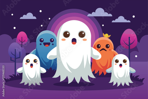 A group of cute, disproportionate ghosts appears cheerful in a colorful night forest Ghosts Customizable Disproportionate Illustration