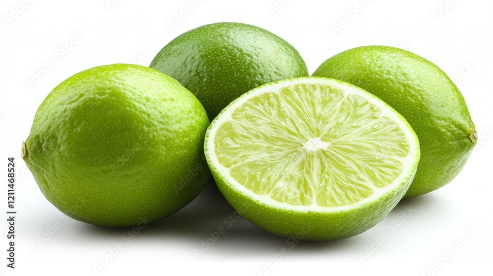 Fresh Green Limes with One Lime Cut in Half on White Background Fresh Green Limes with One Lime Cut in Half on White Background