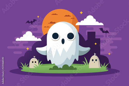 A playful ghost drifts happily among tombstones on a spooky night with a glowing sunset Ghosts Customizable Semi Flat Illustration