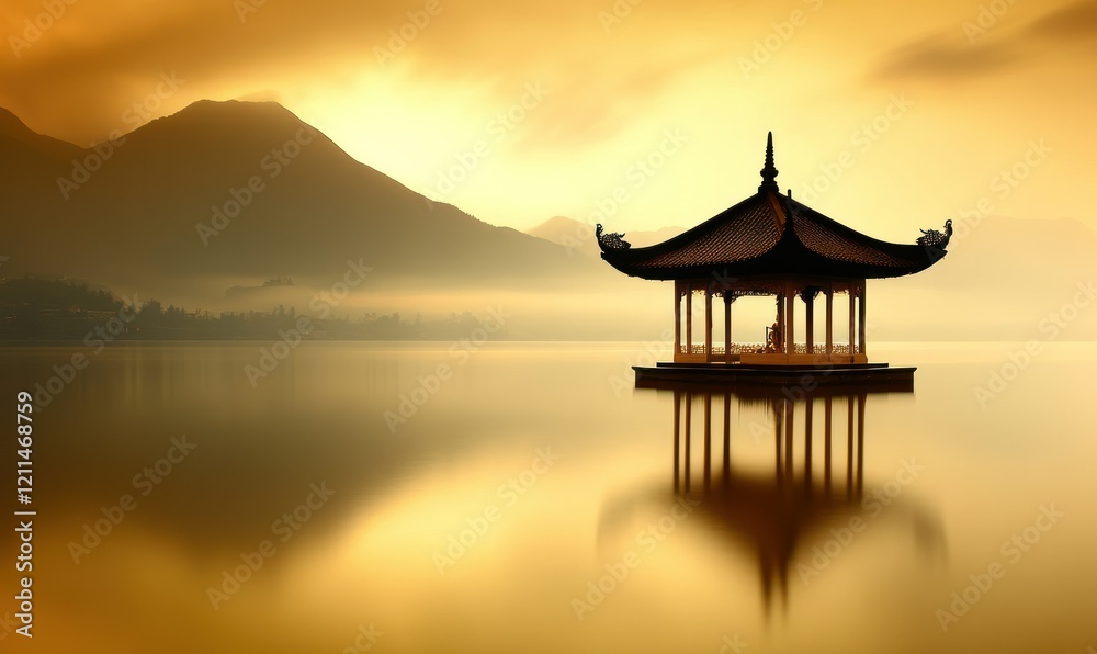 Serene sunrise pagoda lake reflection mountains. Serene sunrise pagoda lake reflection mountains.