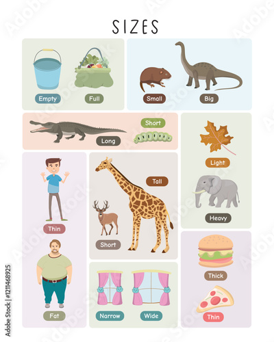 Size Comparisons: Fun English Learning Poster for Children, Cartoon Visuals, Tall vs Short, Fat vs Thin, Big vs Small, Educational Art