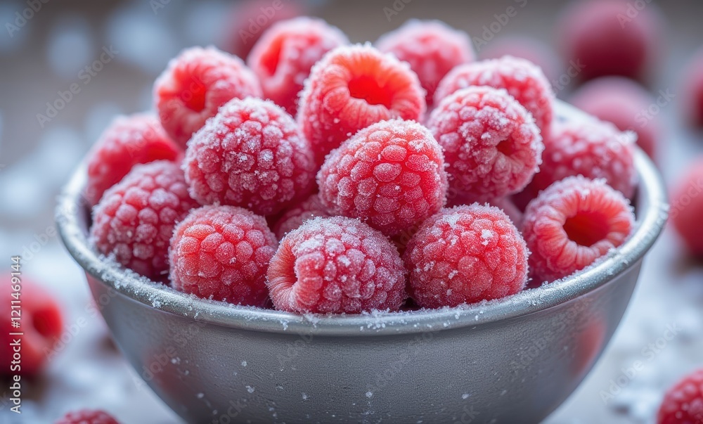 Frosted raspberries in a silver bowl Frosted raspberries in a silver bowl