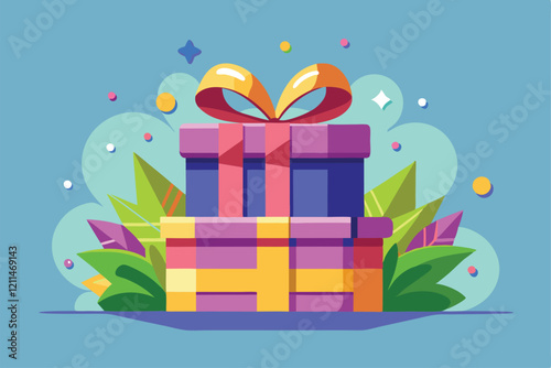 Brightly colored gift boxes are decorated with ribbons and set against a cheerful background of foliage Gift Customizable Semi Flat Illustration