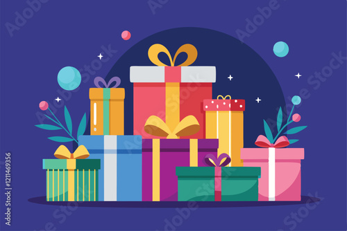 A vibrant display of uniquely wrapped gifts with decorative bows and plants set against a deep purple backdrop Gifts Customizable Flat Illustration