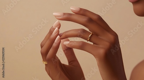 Close-up of woman's hands with nude nails and gold rings, delicate gesture against beige background.
