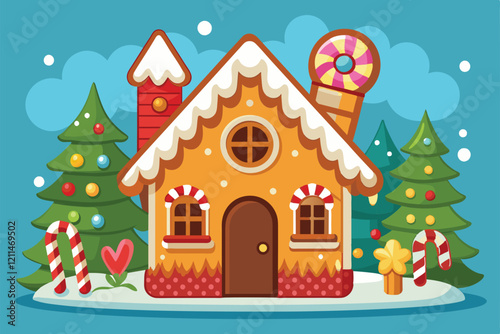 A colorful gingerbread house stands amid snowy trees, adorned with candy and holiday joy Gingerbread house Customizable Cartoon Illustration