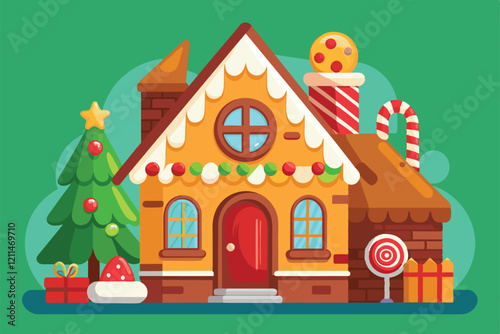 A colorful gingerbread house surrounded by sweets, a Christmas tree, and holiday decorations in a cheerful setting Gingerbread house Customizable Disproportionate Illustration