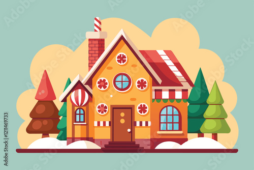Customizable gingerbread house illustration surrounded by trees and snow for festive creativity Gingerbread house Customizable Semi Flat Illustration