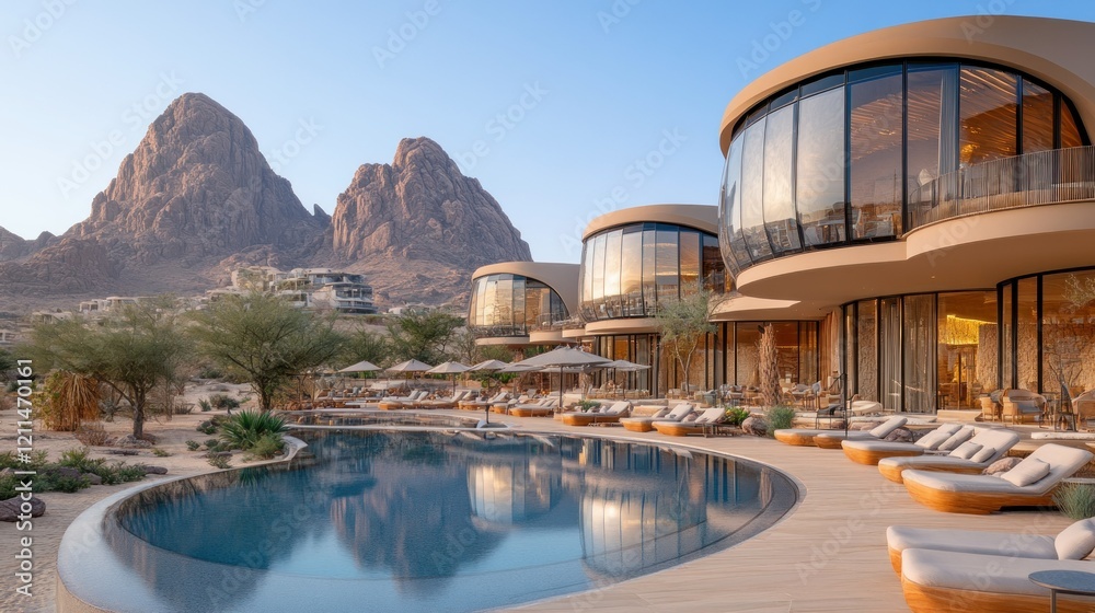 Fototapeta premium Desert Oasis Resort: Luxury Getaway in Mountain Scenery
