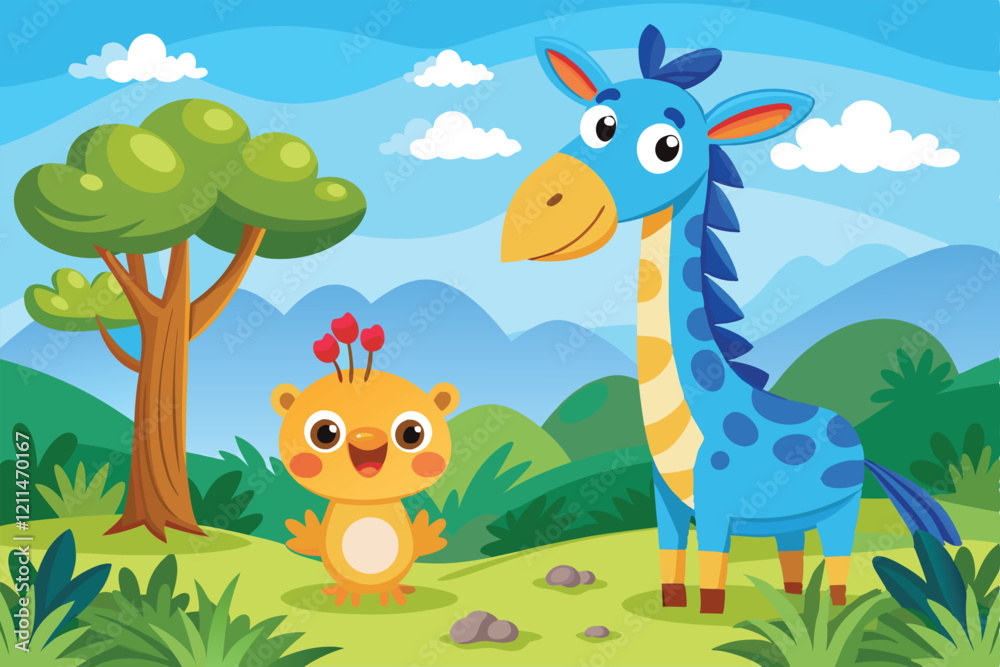 Fototapeta premium A friendly giraffe and a blue bird laugh together under a sunny sky in a vibrant grassland Giraffe and blue bird in grass cartoon