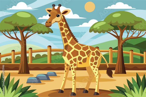 A giraffe explores its natural habitat at the zoo under the warm afternoon sun Giraffe at Zoo