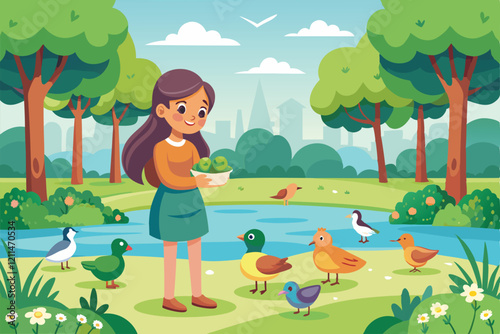 A girl is happily feeding ducks and birds in a vibrant park on a sunny day Girl feeding ducks in the park. Vector illustration in flat style.
