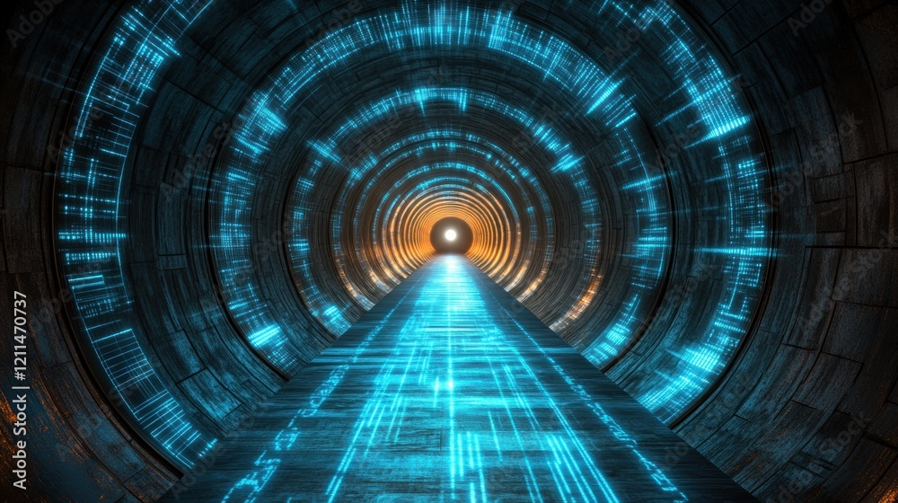 Futuristic Cybernetic Tunnel with Glowing Blue Lights and Pathway Futuristic Cybernetic Tunnel with Glowing Blue Lights and Pathway