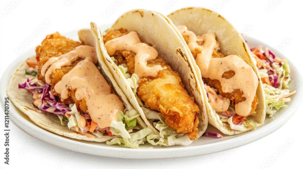A plate of crispy fish tacos with battered fish fillets, cabbage slaw, and chipotle mayo A plate of crispy fish tacos with battered fish fillets, cabbage slaw, and chipotle mayo