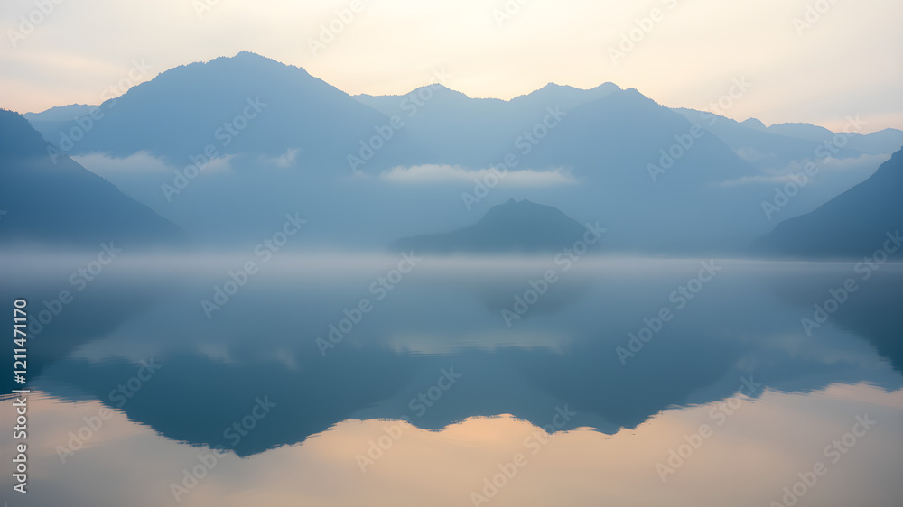 Obraz premium A serene landscape of a lake with mountains in the background