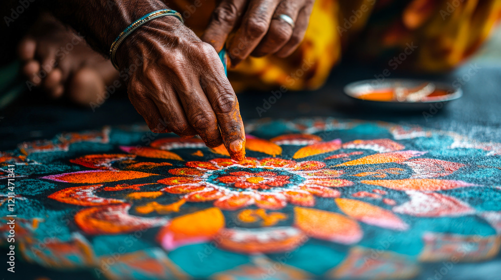 Traditional Rangoli Design in Progress, Traditional Rangoli Design in Progress,