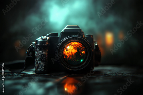 Photo camera on table with reflection of planet Earth in the lens background.