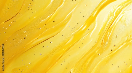 Abstract background of yellow liquid with flowing texture and air bubbles.