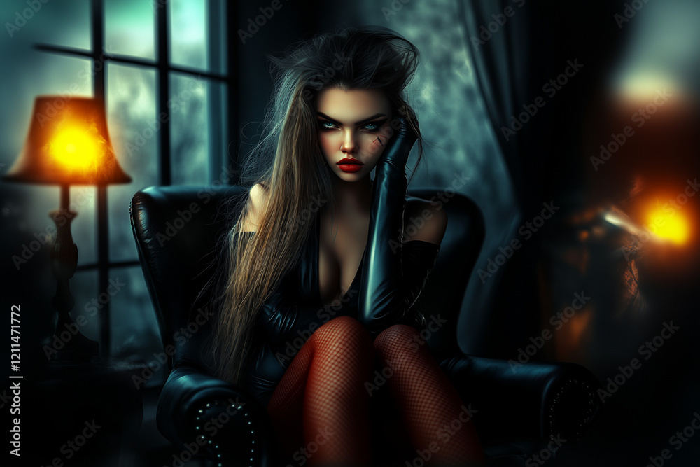 Beautiful long haired girl in a leather jacket and stockings tights posing on a dark background. Beautiful long haired girl in a leather jacket and stockings tights posing on a dark background.