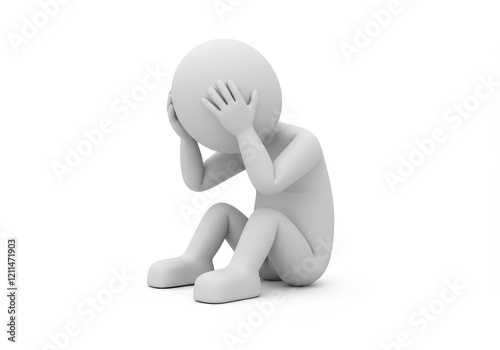 A 3D illustration of a simple humanoid figure sitting on the ground holding its head in despair or frustration