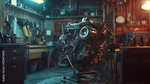Motorcycle engine on workbench in dimly lit garage workshop.