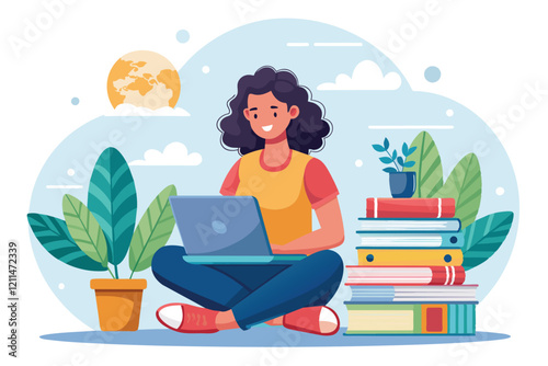 A girl works on her assignment using a laptop while sitting on a stack of books girl with laptop sitting on books doing assignments online education