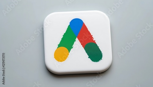 Close-up view of a Google Ads logo on a white square, showcasing vibrant colors and a unique design element.