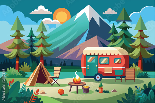 Experience nature's beauty while glamping in a cozy campsite surrounded by mountains and pine trees Glamping Customizable Semi Flat Illustration