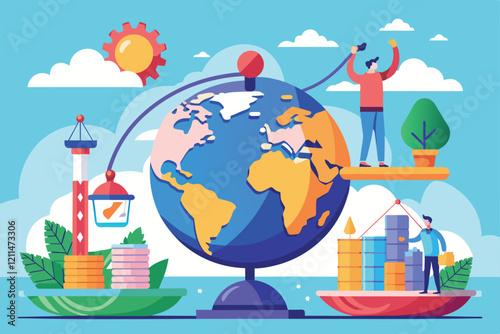 Individuals interact with a globe, showcasing the balance of globalization and cultural diversity Globalization Customizable Disproportionate Illustration