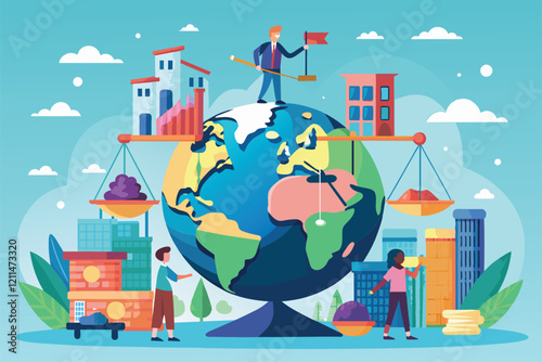 Illustrating the effects of globalization with balanced economic activities centered around a globe Globalization Customizable Disproportionate Illustration