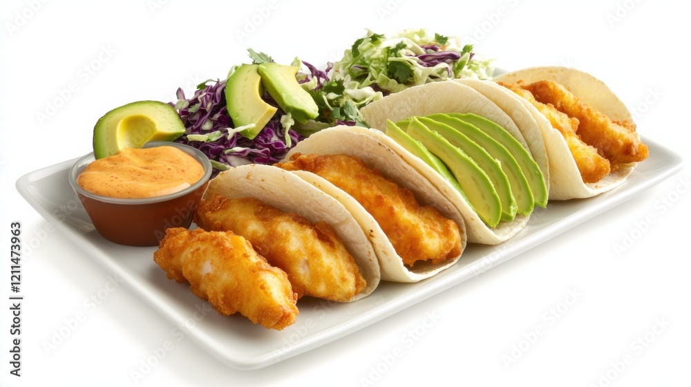 A plate of crispy fish tacos with beer-battered fish, cabbage slaw, avocado slices A plate of crispy fish tacos with beer-battered fish, cabbage slaw, avocado slices